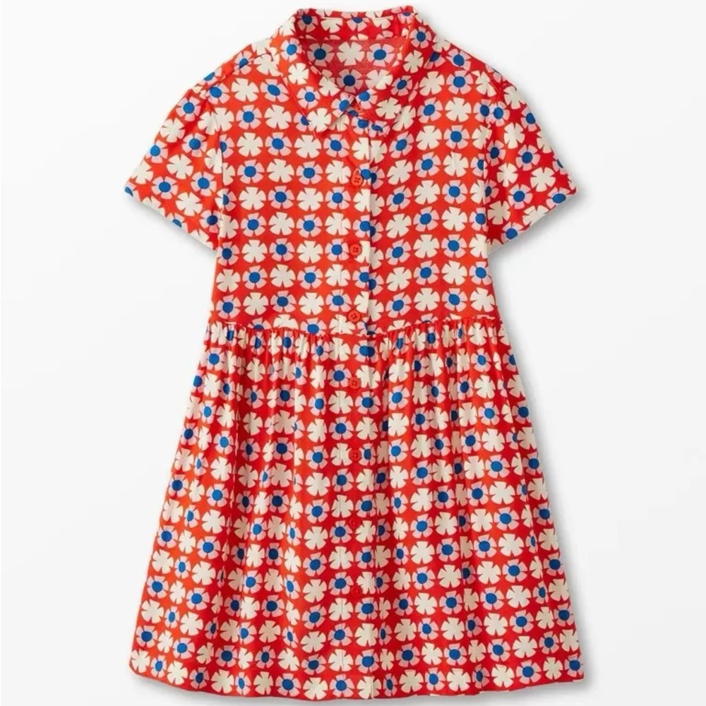 Hanna Anderson Woven Button Front Shirt Dress (Far Out Flowers on Orange Spice)